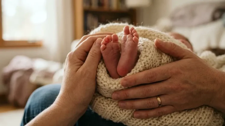 Mani di genitori che stringono i piedi di un neonato, simbolo del bonus nuovi nati 2026