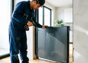 Tecnico installa una porta blindata in un appartamento italiano per interventi di sicurezza detraibili nel bonus 2026