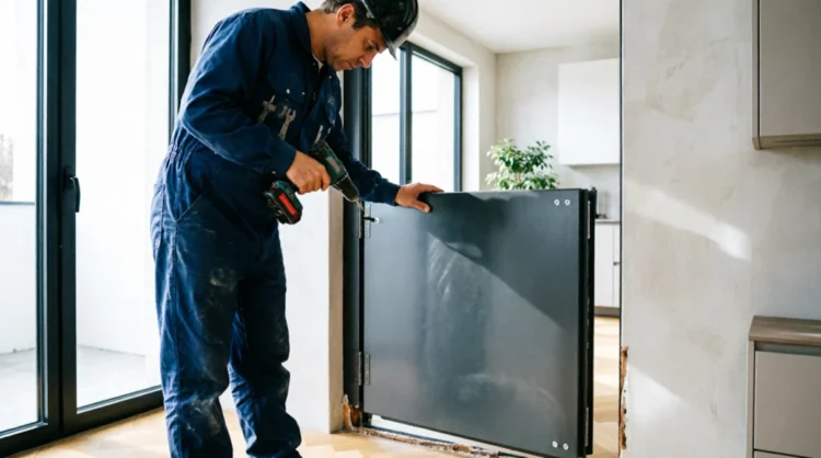 Tecnico installa una porta blindata in un appartamento italiano per interventi di sicurezza detraibili nel bonus 2026