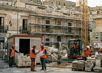 Cantiere edilizio con nuove costruzioni e lavori di riqualificazione urbana in Italia