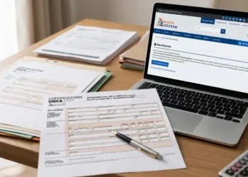 Documenti fiscali e Certificazione Unica su una scrivania con portale Inps aperto.