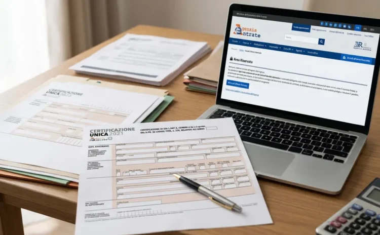 Documenti fiscali e Certificazione Unica su una scrivania con portale Inps aperto.