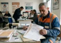 Lavoratore del settore edile controlla certificazioni uniche e documenti fiscali per la dichiarazione dei redditi.
