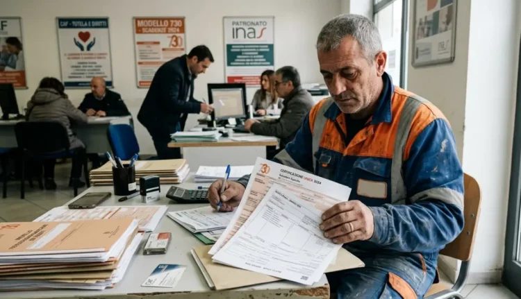 Lavoratore del settore edile controlla certificazioni uniche e documenti fiscali per la dichiarazione dei redditi.