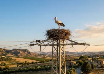 Cicogna bianca nel nido sopra un traliccio Enel nella Piana di Gela