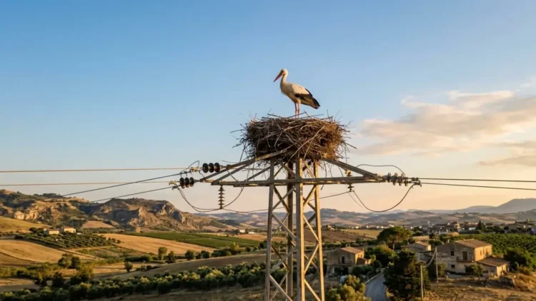 Cicogna bianca nel nido sopra un traliccio Enel nella Piana di Gela
