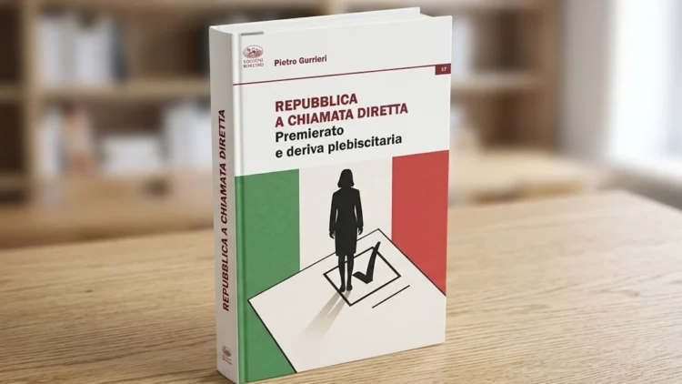 Primo piano della copertina del libro "Repubblica a chiamata diretta. Premierato e deriva plebiscitaria" di Pietro Gurrieri, presentato a Vittoria durante la Settimana della Cultura.