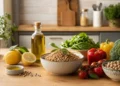 Menu equilibrato con alimenti freschi della dieta mediterranea: verdure, cereali integrali, legumi e frutta