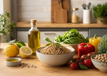 Menu equilibrato con alimenti freschi della dieta mediterranea: verdure, cereali integrali, legumi e frutta