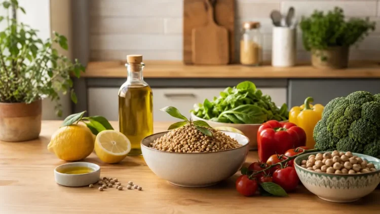 Menu equilibrato con alimenti freschi della dieta mediterranea: verdure, cereali integrali, legumi e frutta