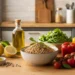 Menu equilibrato con alimenti freschi della dieta mediterranea: verdure, cereali integrali, legumi e frutta