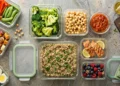 Contenitori in vetro per il meal prep con broccoli, quinoa, salmone, ceci, uova sode e frutti di bosco su sfondo in pietra, ideali per una dieta dimagrante equilibrata e organizzata.