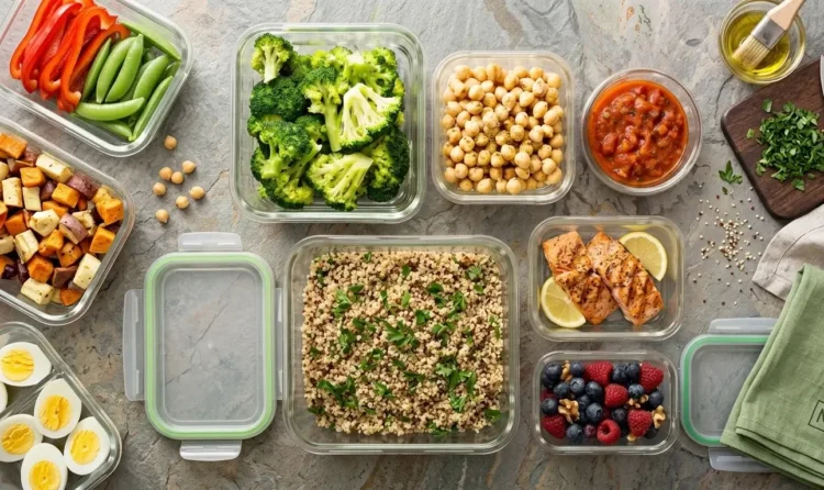 Contenitori in vetro per il meal prep con broccoli, quinoa, salmone, ceci, uova sode e frutti di bosco su sfondo in pietra, ideali per una dieta dimagrante equilibrata e organizzata.