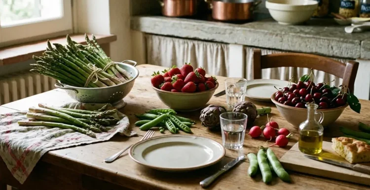 dieta di maggio frutta verdura stagione piatto con alimenti freschi primaverili