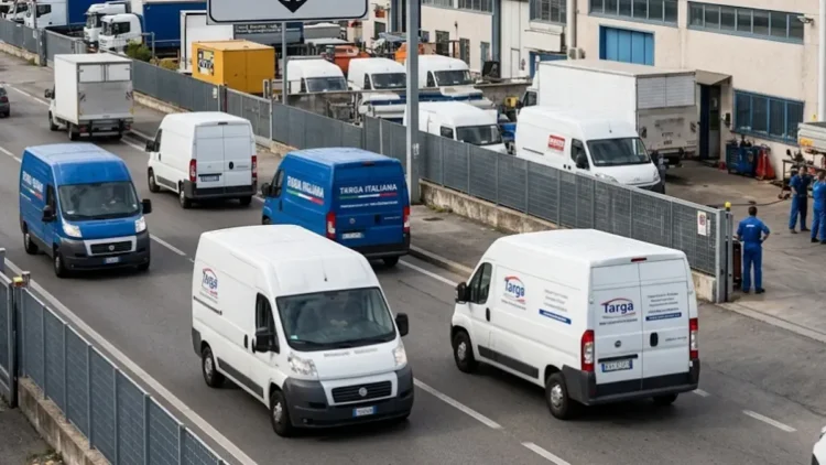Operatori logistici con furgoni in area industriale italiana
