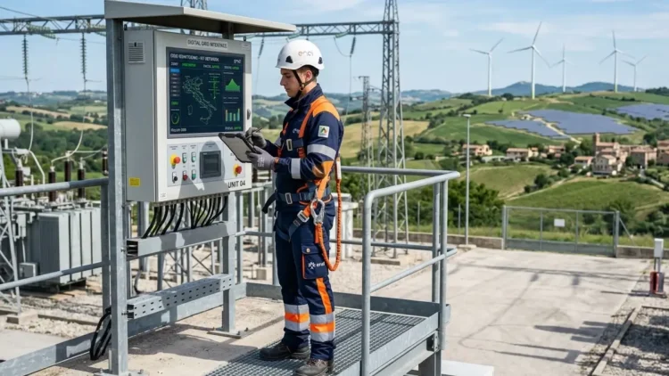 Tecnico Enel al lavoro su una rete elettrica per la transizione energetica, borsa attrezzi e casco di sicurezza