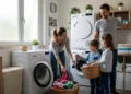 famiglia usa lavatrice con attenzione ai consumi energetici domestici