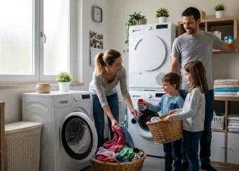 famiglia usa lavatrice con attenzione ai consumi energetici domestici