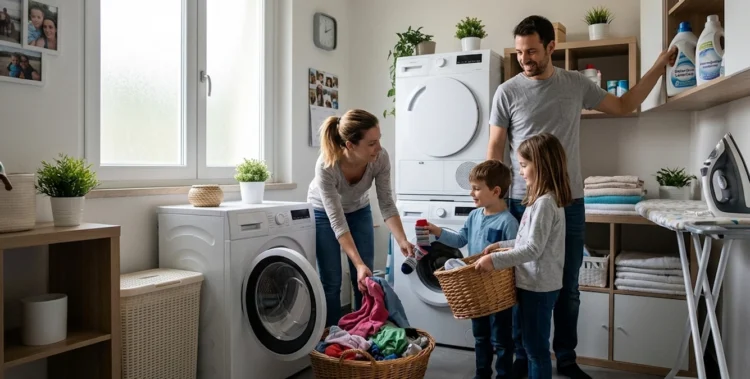 famiglia usa lavatrice con attenzione ai consumi energetici domestici