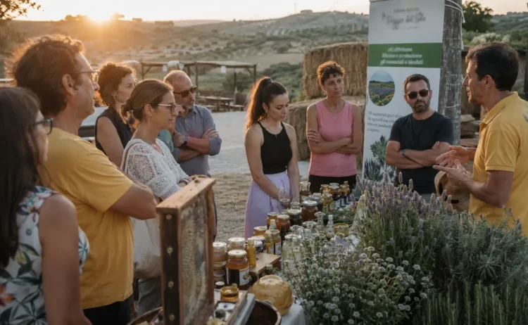 Partecipanti a un laboratorio sull’apicoltura in una fattoria della campagna di Ispica durante un evento dedicato al miele siciliano, alle erbe aromatiche e alla biodiversità.