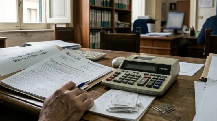 Documenti fiscali e calcolatrice su tavolo, tema rottamazione e CPB