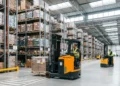 Carrelli elevatori elettrici in funzione in un magazzino logistico moderno e ottimizzato
