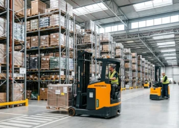 Carrelli elevatori elettrici in funzione in un magazzino logistico moderno e ottimizzato