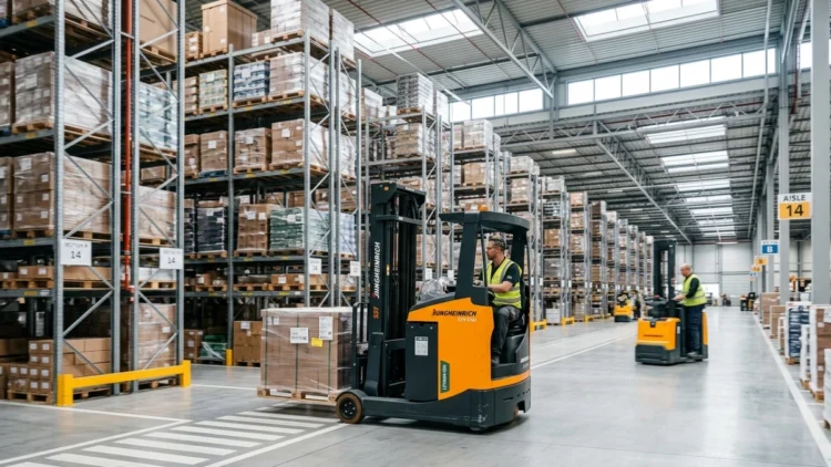 Carrelli elevatori elettrici in funzione in un magazzino logistico moderno e ottimizzato