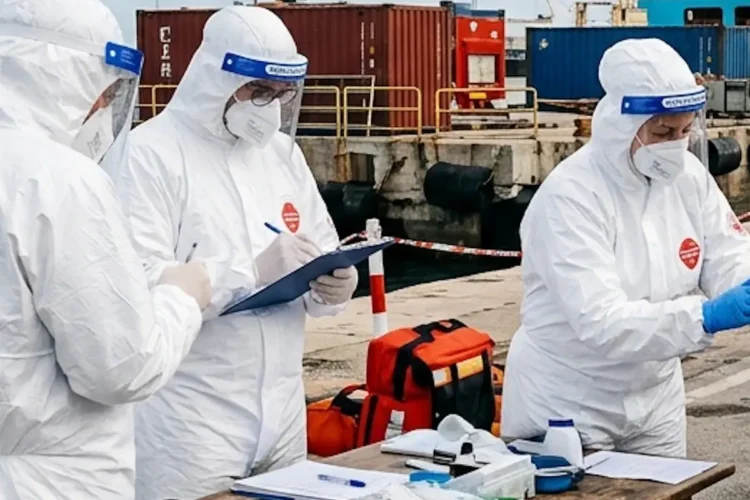 operatori sanitari in DPI su banchina portuale durante operazioni legate a focolaio hantavirus nave Hondius