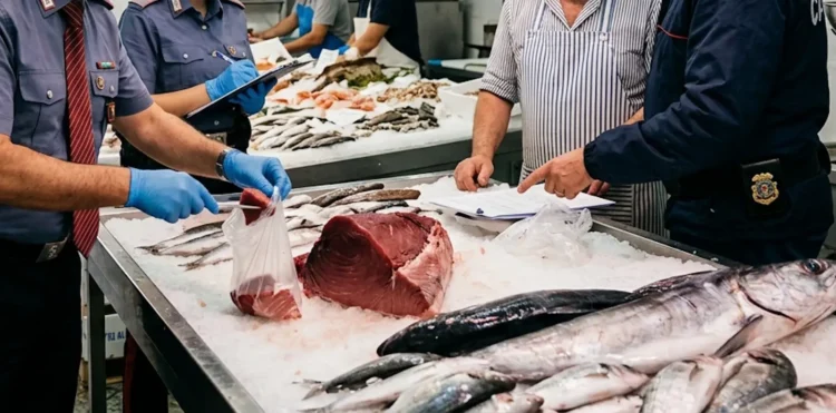Carabinieri NAS durante sequestro tonno in pescheria a Palermo, caso intossicazione 2026