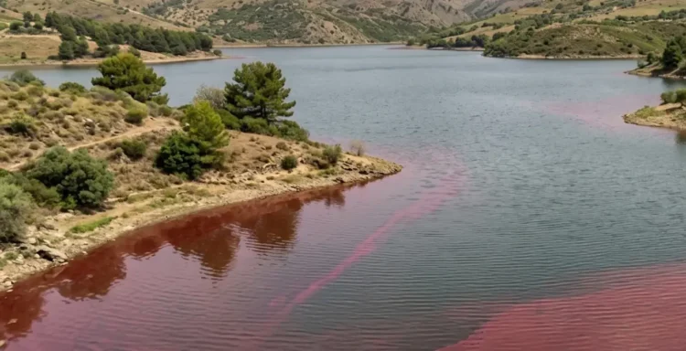 Colorazione rossa delle acque del lago Dirillo a Licodia Eubea durante la fioritura algale.