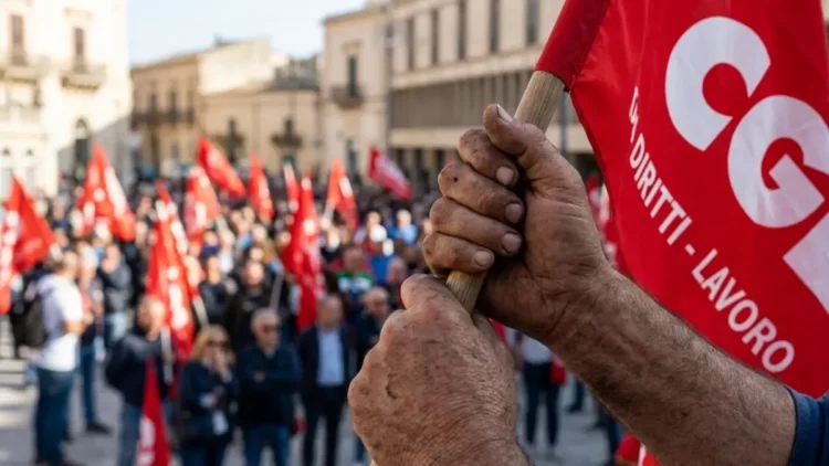 Bandiere della CGIL durante la festa del lavoro a Ragusa