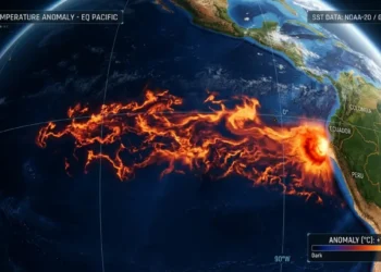 Mappa termica globale che mostra il fenomeno El Niño con il riscaldamento delle acque nell'Oceano Pacifico.