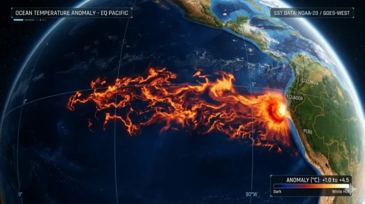 Mappa termica globale che mostra il fenomeno El Niño con il riscaldamento delle acque nell'Oceano Pacifico.