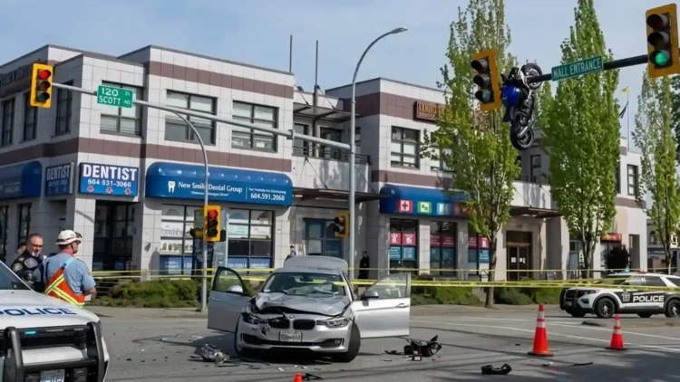 Motocicletta incastrata su un palo semaforico dopo un incidente stradale a Surrey, Canada