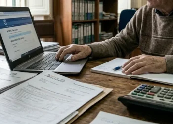 Persona che consulta il sito INPS da computer per verificare pagamenti NASpI