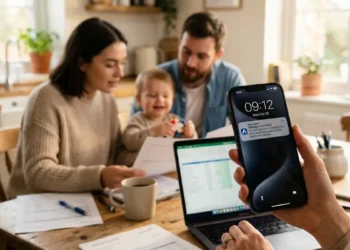 Schermata smartphone con notifica di pagamento Inps per Assegno unico maggio 2026 su sfondo familiare