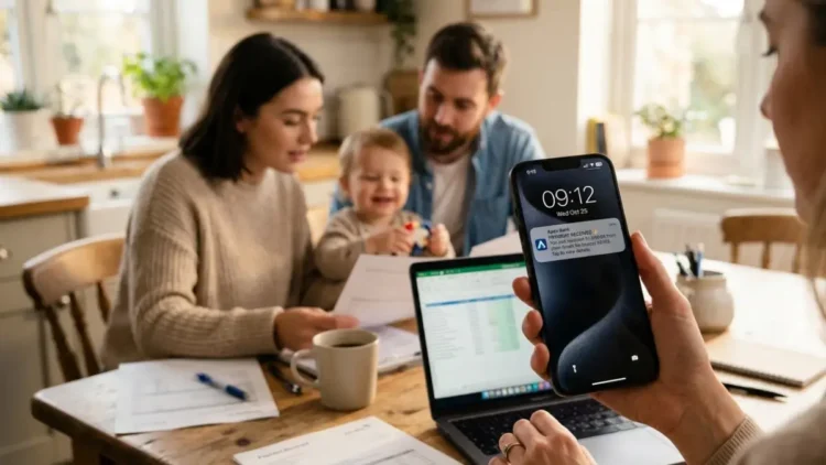Schermata smartphone con notifica di pagamento Inps per Assegno unico maggio 2026 su sfondo familiare