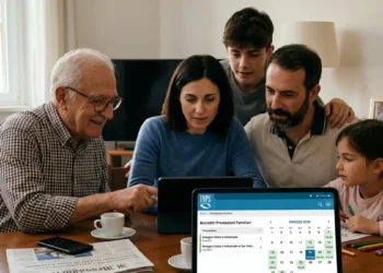 Genitore che controlla sul tablet le date del pagamento Assegno unico maggio 2026