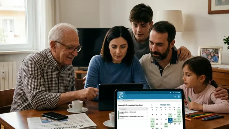Genitore che controlla sul tablet le date del pagamento Assegno unico maggio 2026