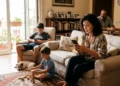Madre che controlla lo smartphone per il pagamento dell'assegno unico di maggio.