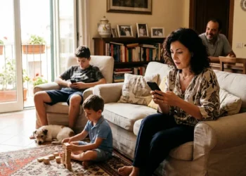 Madre che controlla lo smartphone per il pagamento dell'assegno unico di maggio.