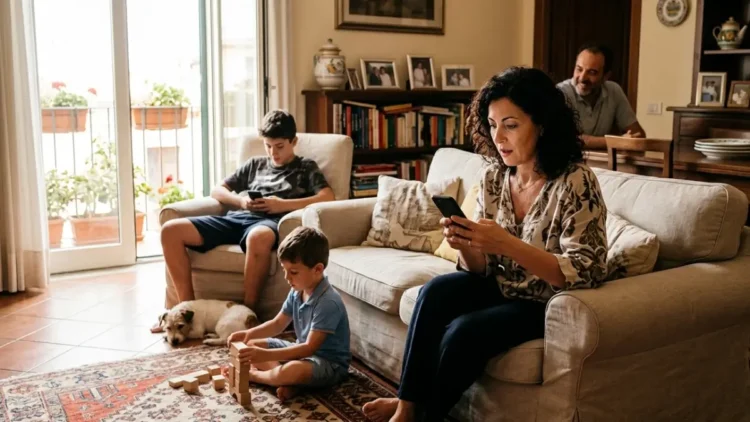 Madre che controlla lo smartphone per il pagamento dell'assegno unico di maggio.