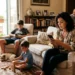 Madre che controlla lo smartphone per il pagamento dell'assegno unico di maggio.