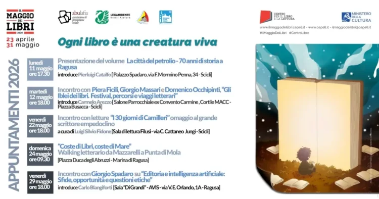 Scopri il programma del Maggio dei Libri Scicli 2026: presentazioni a Palazzo Spadaro, walking tour a Marina di Ragusa e omaggio a Camilleri.