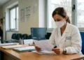 Operatore sanitario consulta il foglio illustrativo di un medicinale da banco in ambulatorio ospedaliero