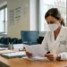 Operatore sanitario consulta il foglio illustrativo di un medicinale da banco in ambulatorio ospedaliero