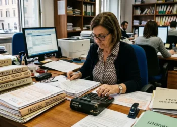 Ufficio fiscale con documenti e calcolatrice su controlli partite IVA aiuti di Stato