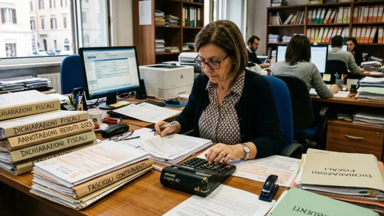 Ufficio fiscale con documenti e calcolatrice su controlli partite IVA aiuti di Stato