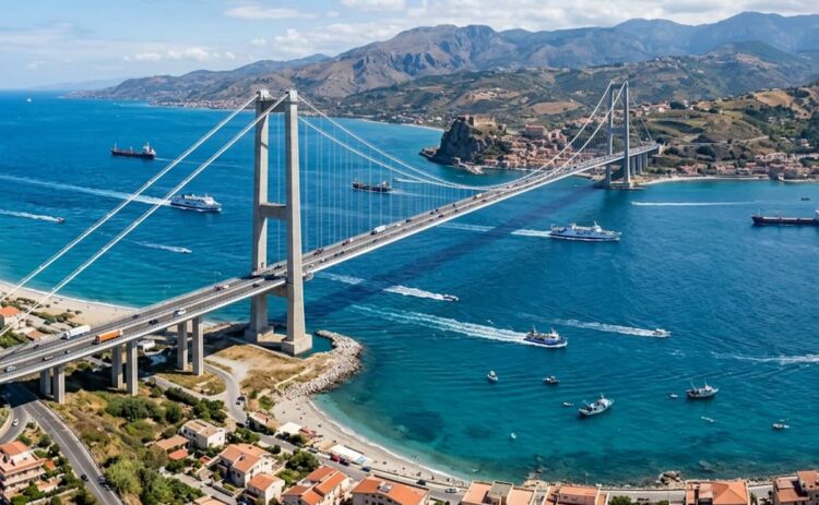 Ponte sullo Stretto di Messina con mare e coste di Sicilia e Calabria